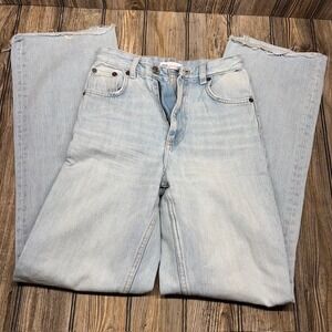 ZARA High Rise Light Wash Wide Leg Crop Jeans Frayed Hem Size 0